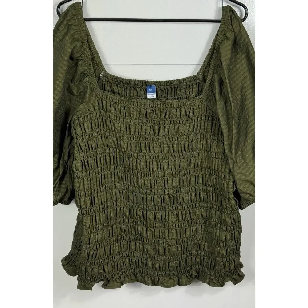 Old Navy Smocked Peasant‎ Top Womens XXL Olive Puff Sleeve Boho Blouse
